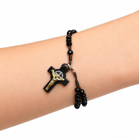 Pulseira Terço São Bento Cristal Preto Pau Brasil Ajustável
