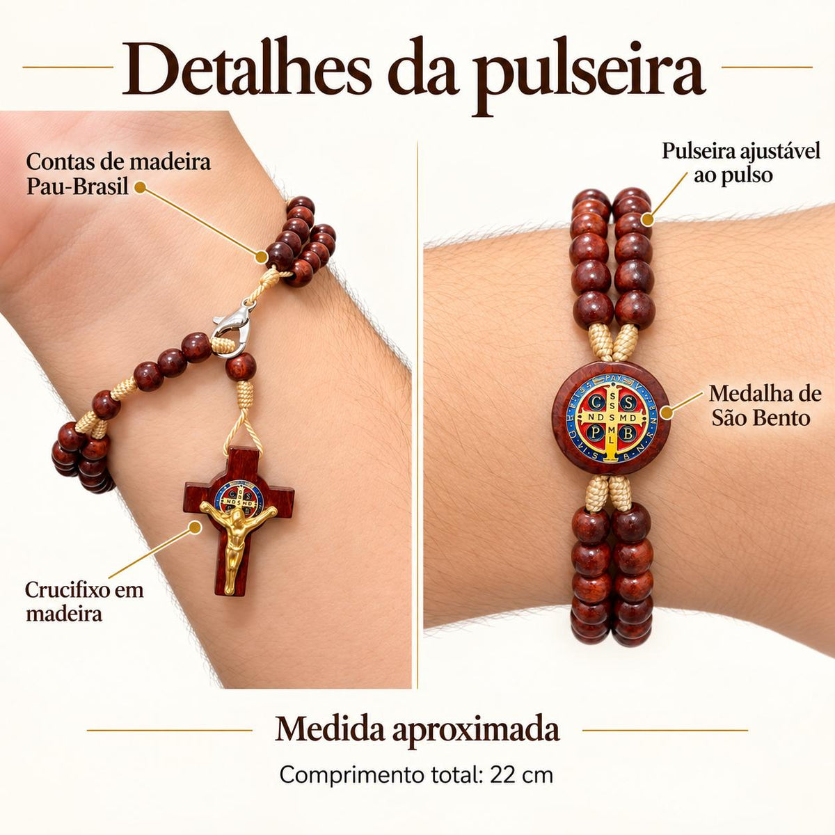 Pulseira Terço Madeira Pau Brasil Marrom Ajustável