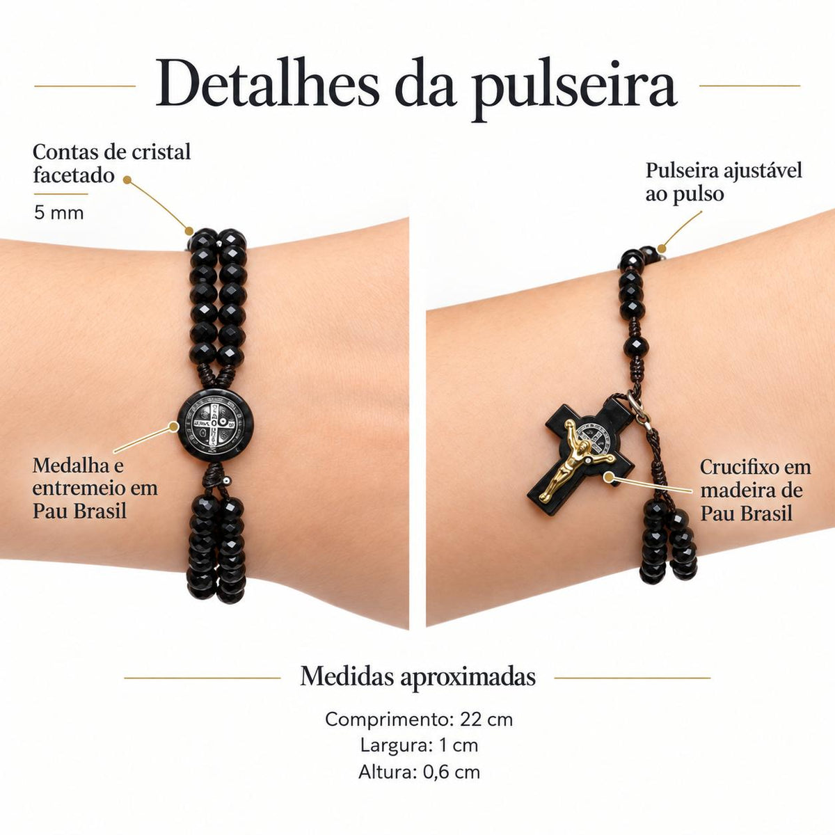 Pulseira Terço São Bento Cristal Preto Pau Brasil Ajustável