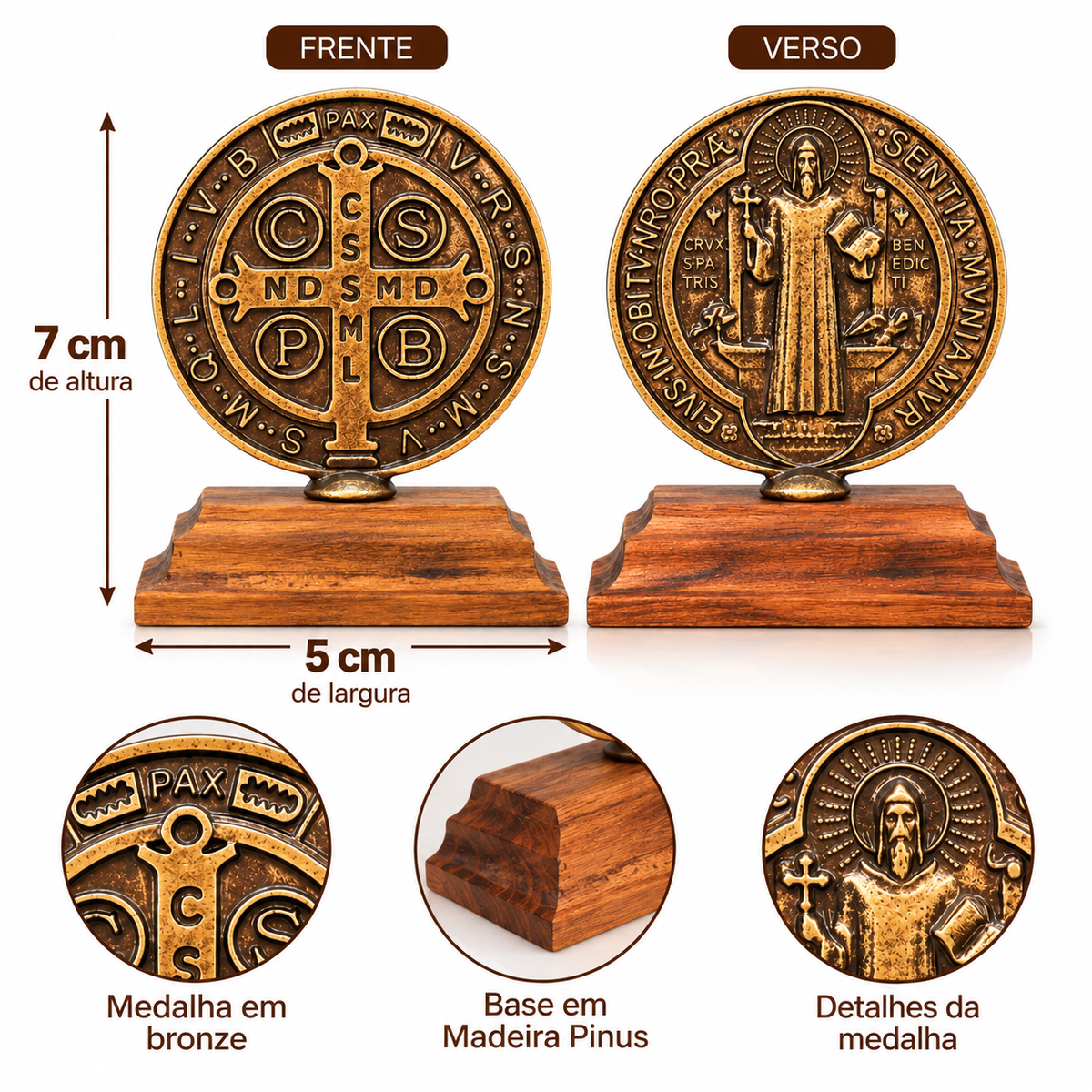São Bento Mesa Madeira Pinus Bronze Enfeite 6cm