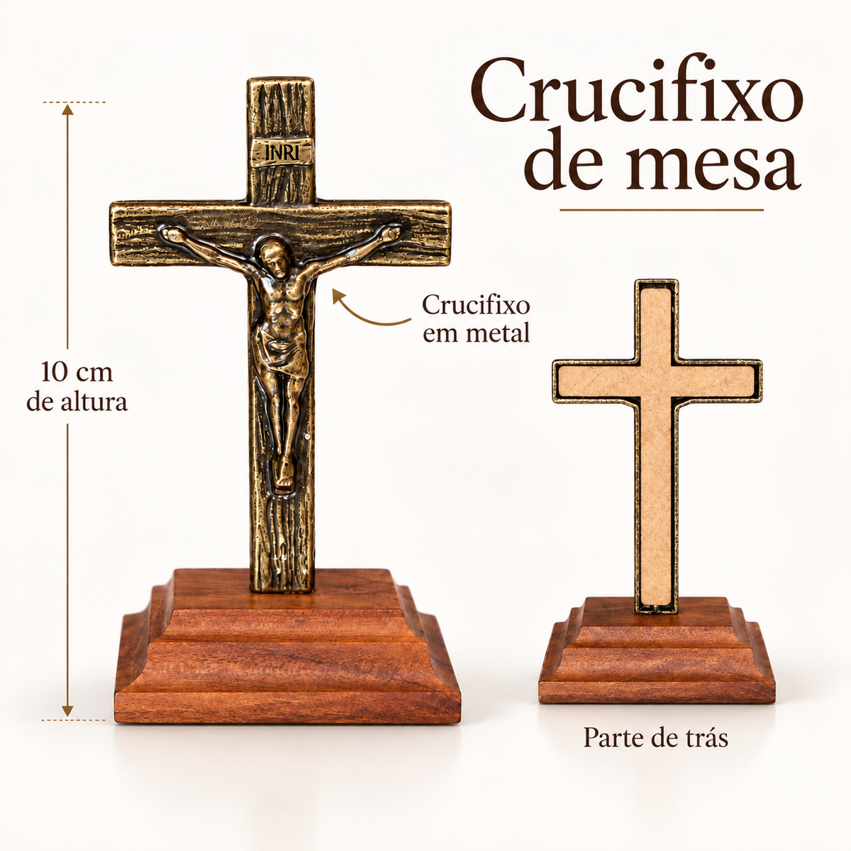 Crucifixo Bronze Mesa Base Madeira Pinus 10 cm