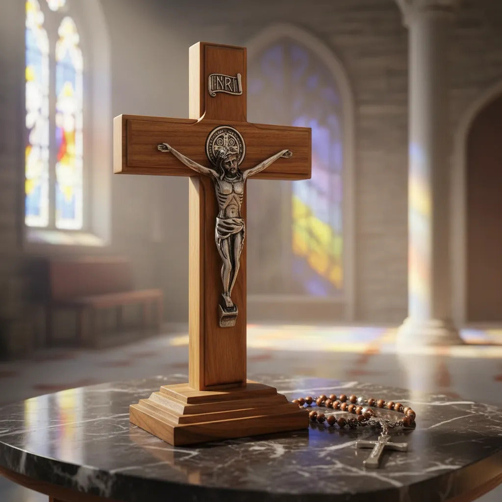 Crucifixo Madeira Pinus Cruz Bronze Base Removível 14 cm