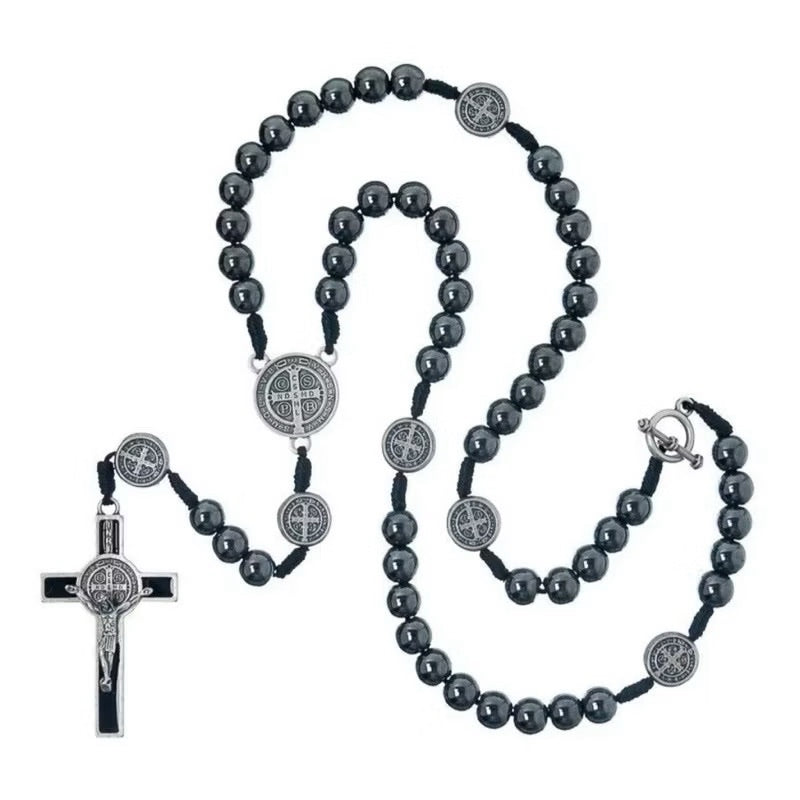 Terço Pedra Hematita Colar Pescoço Ajustável Nossa Senhora São Bento Terço Católico