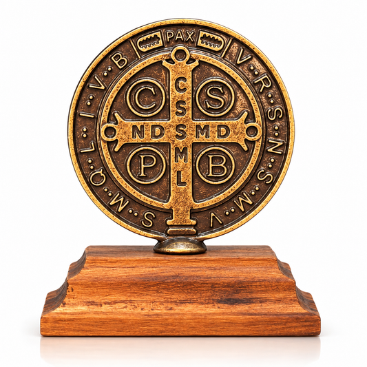 São Bento Mesa Madeira Pinus Bronze Enfeite 6cm