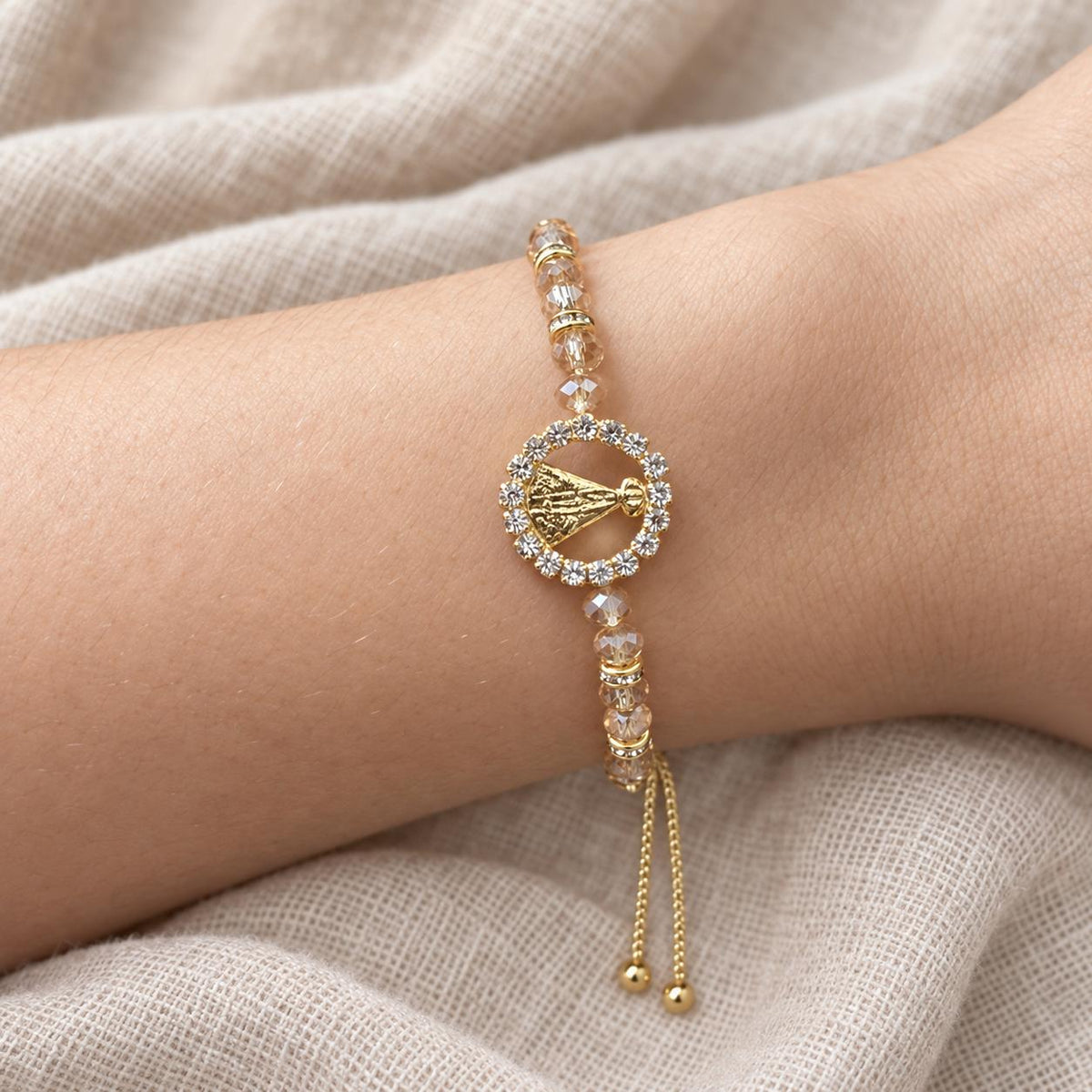 Pulseira Ajustável Nossa Senhora Aparecida Banho 18K em Aço Inoxidável