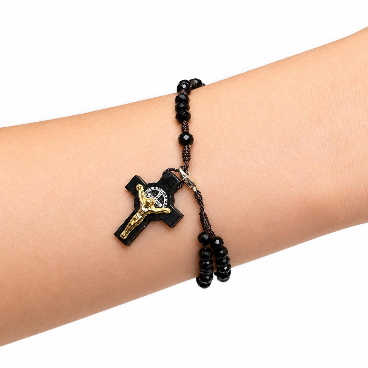 Pulseira Terço São Bento Cristal Preto Pau Brasil Ajustável