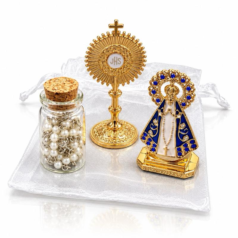 Lembrancinha Católica Crisma Catequese Kit Ostensório Santinha Terço Garrafinha Nossa Senhora