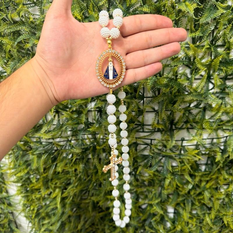 Terço Pérola Noiva Strass Rosário Folheado 60 cm