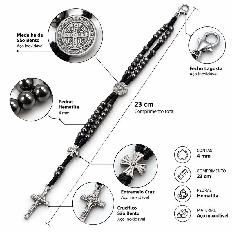 Pulseira Terço Hematita São Bento Ajustável
