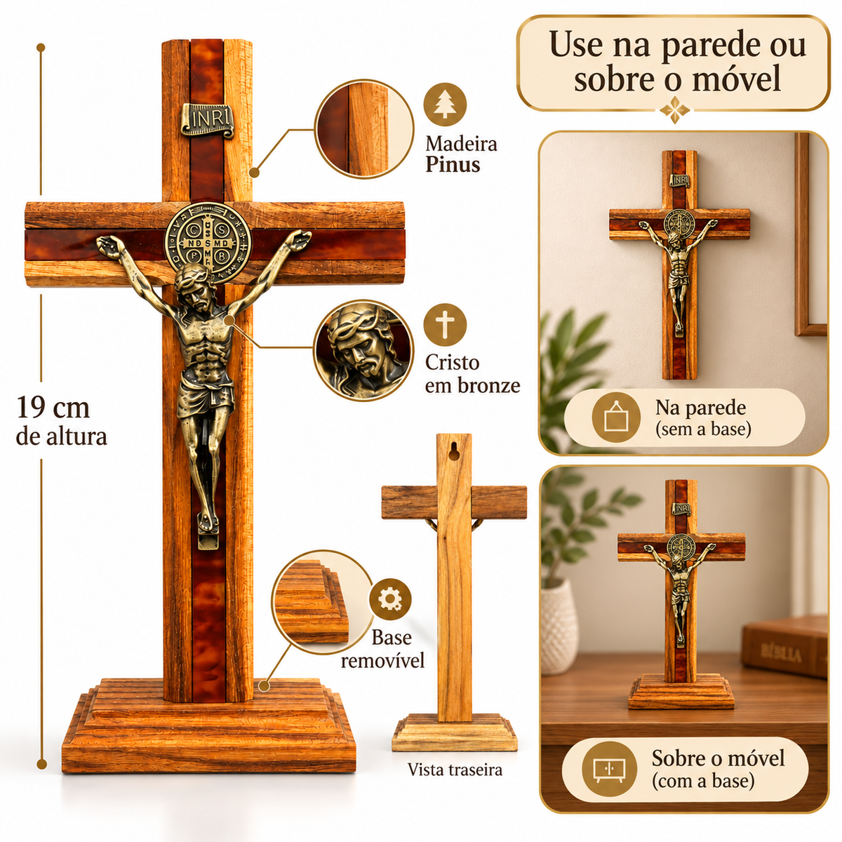 Crucifixo Madeira Pinus 19 cm Mesa e Parede