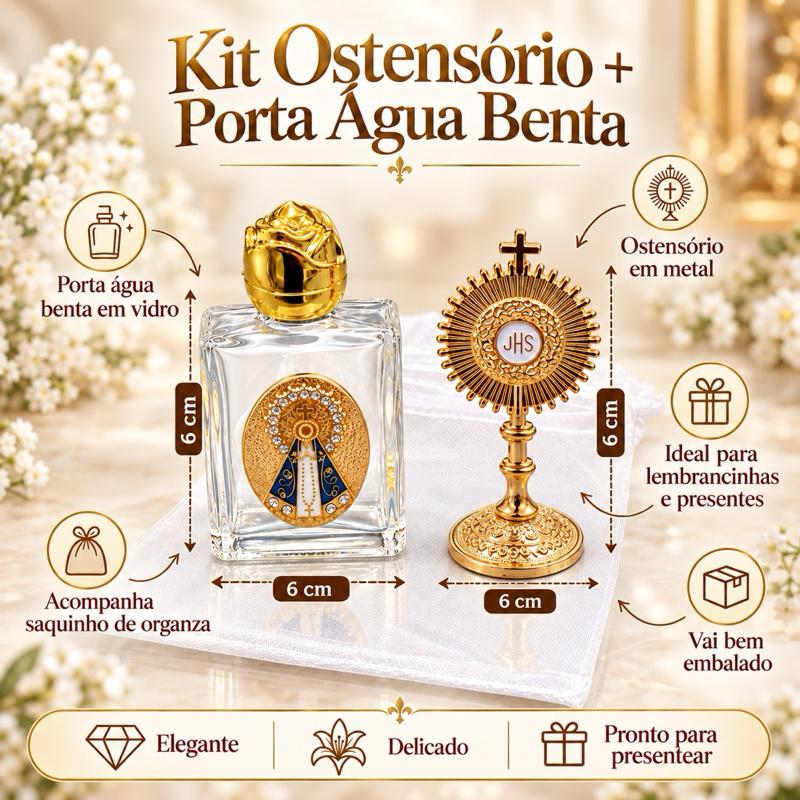 Kit Água Benta Ostensório Santíssimo Lembracinha Católica Catequese Crisma Presente Católico NSA Strass