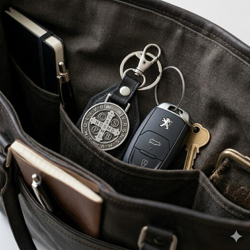Chaveiro São Bento Couro Para Carro  Mosquetão