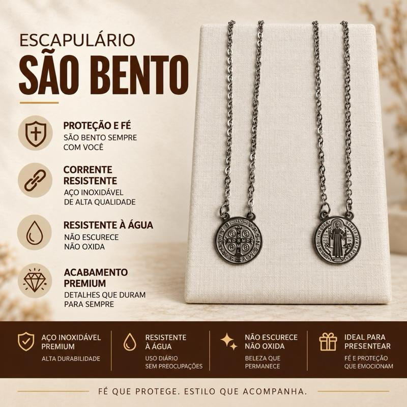 Escapulário São Bento Aço Inoxidável Prata 60 cm Unissex
