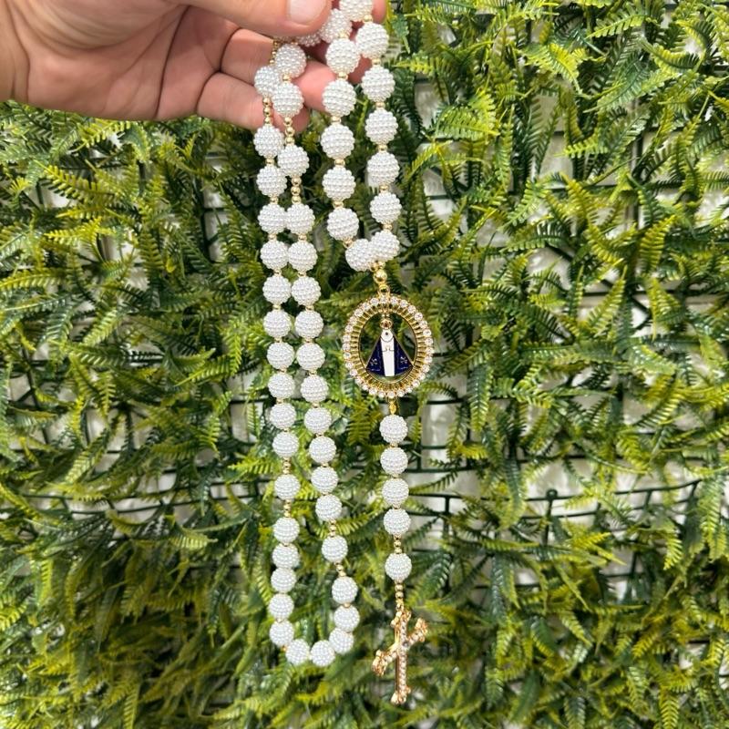 Terço Pérola Noiva Strass Rosário Folheado 60 cm