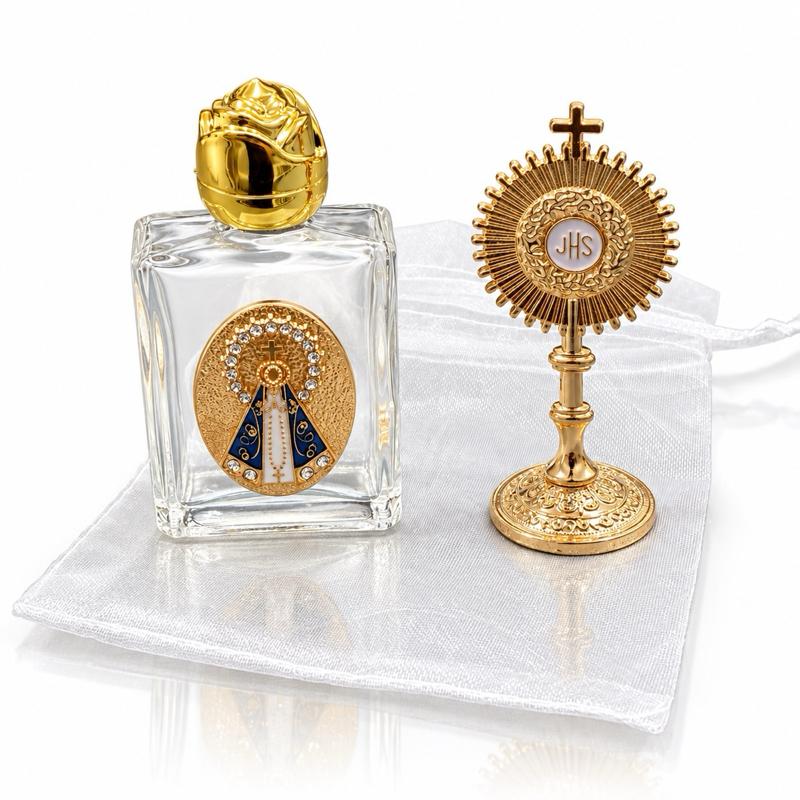 Kit Água Benta Ostensório Santíssimo Lembracinha Católica Catequese Crisma Presente Católico NSA Strass