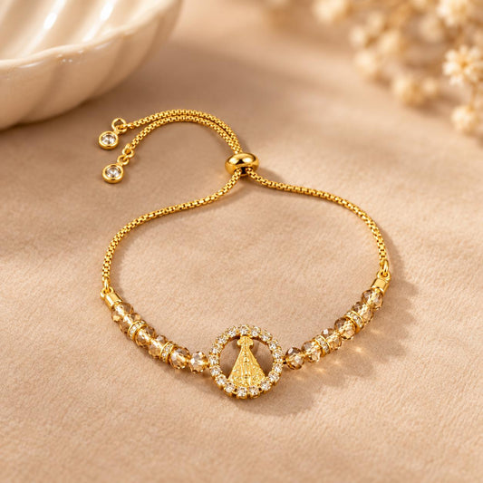 Pulseira Ajustável Nossa Senhora Aparecida Banho 18K em Aço Inoxidável