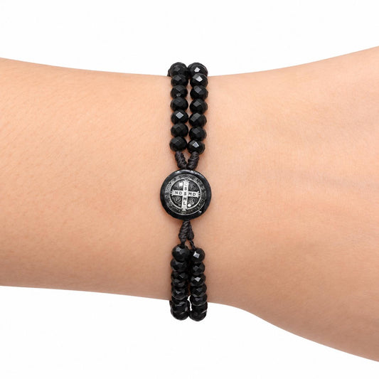 Pulseira Terço São Bento Cristal Preto Pau Brasil Ajustável