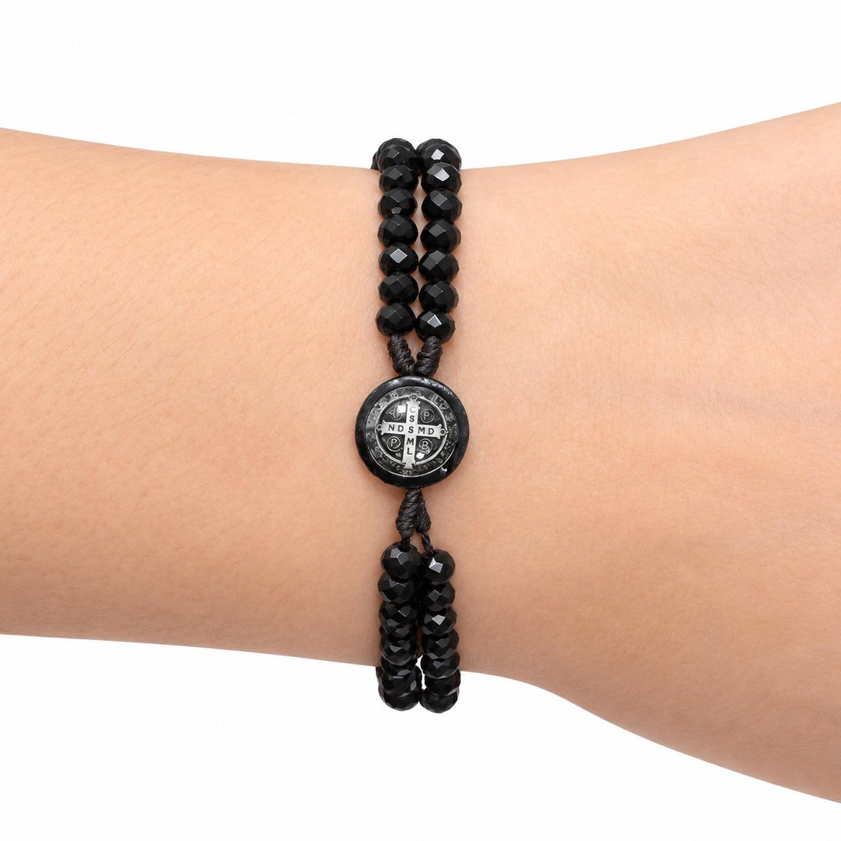 Pulseira Terço São Bento Cristal Preto Pau Brasil Ajustável