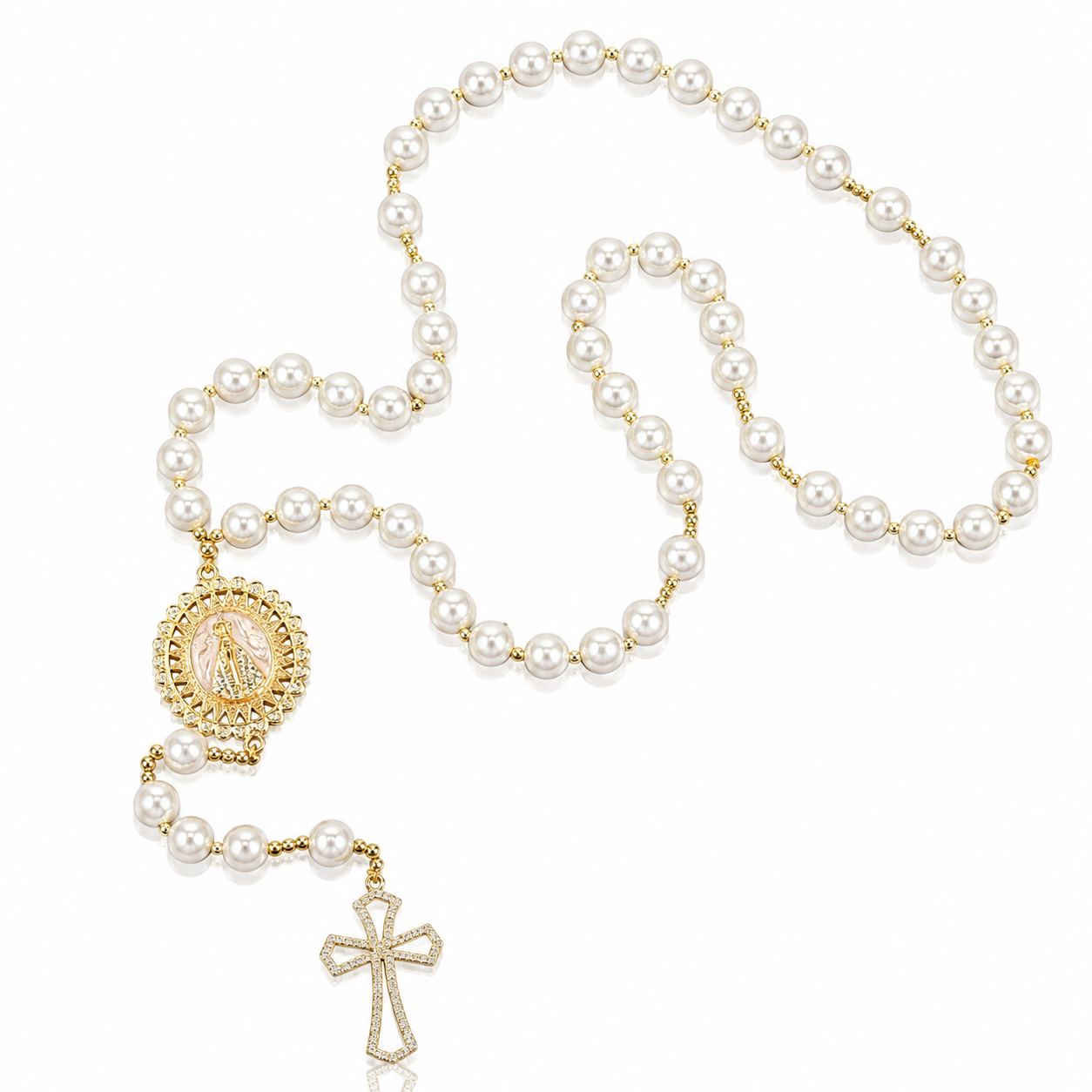 Terço de Noiva Pérola Nossa Senhora Aparecida Folheada