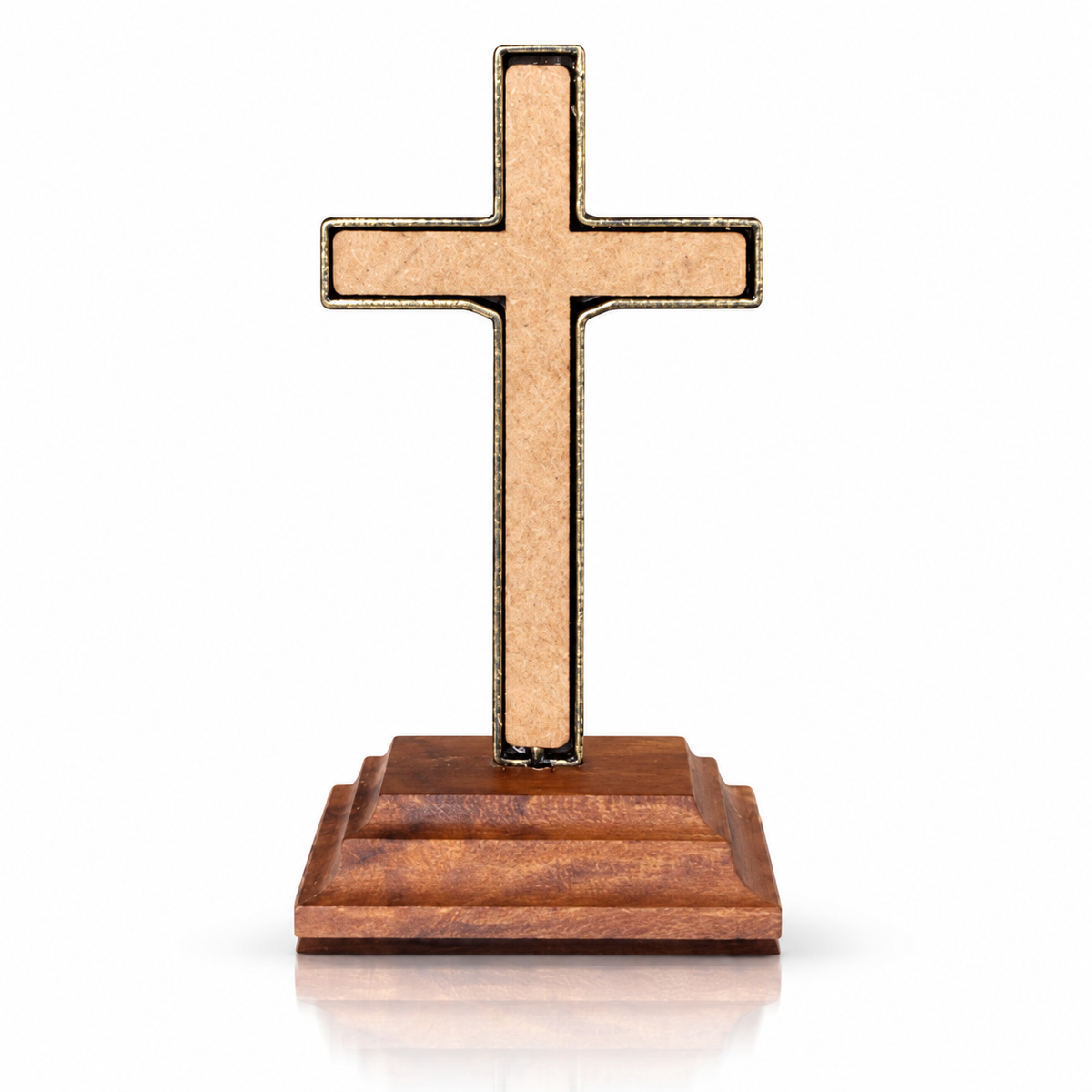 Crucifixo Bronze Mesa Base Madeira Pinus 10 cm