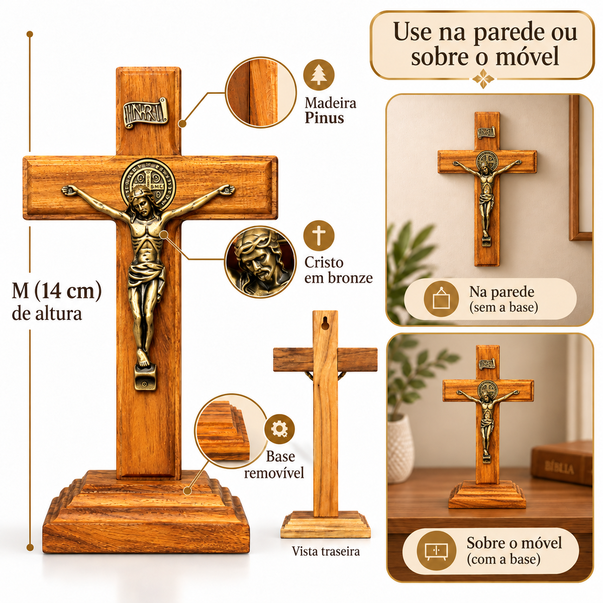 Crucifixo Madeira Pinus 14 cm Mesa e Parede