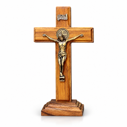 Crucifixo Madeira Pinus 14 cm Mesa e Parede