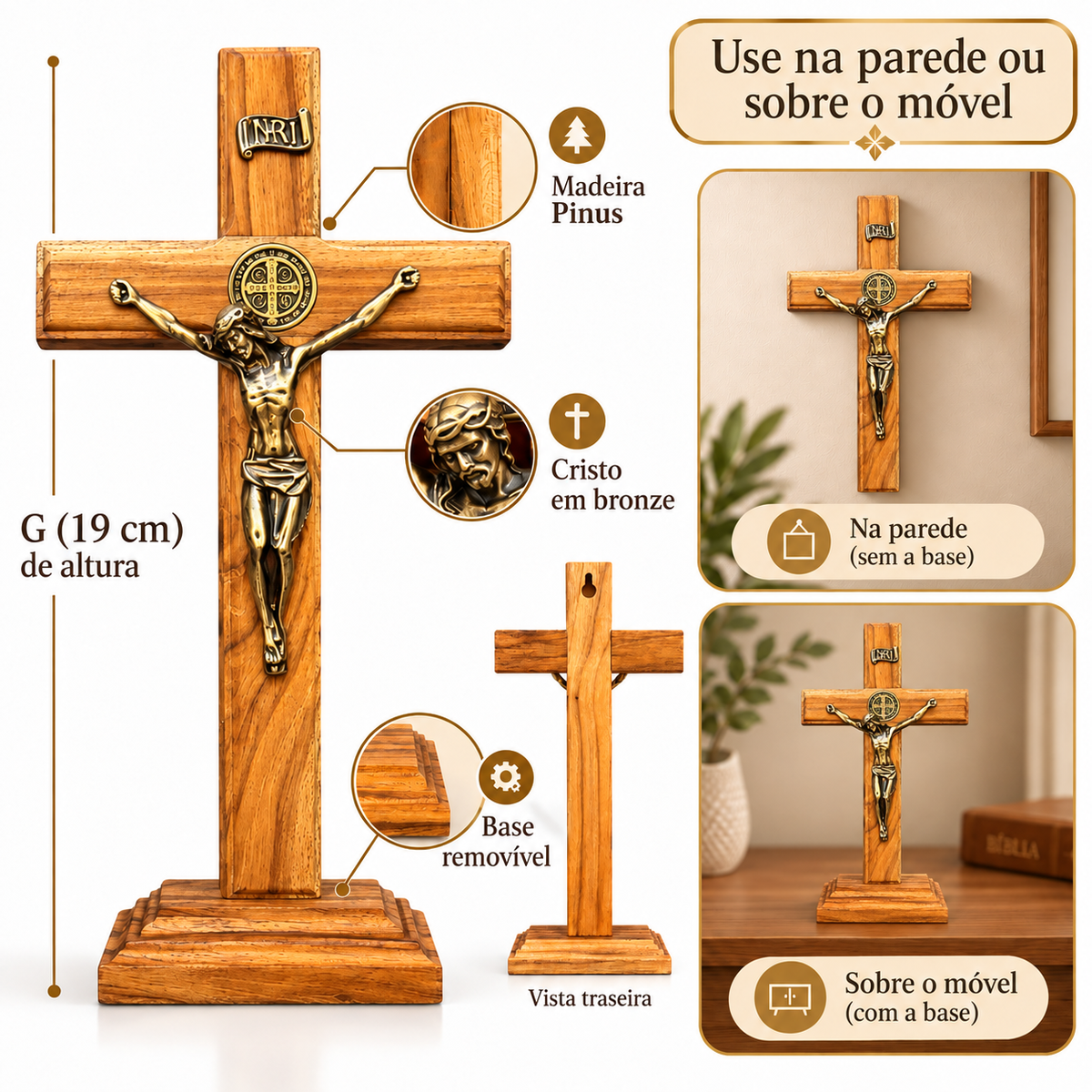 Crucifixo Madeira Pinus 19 cm Mesa e Parede