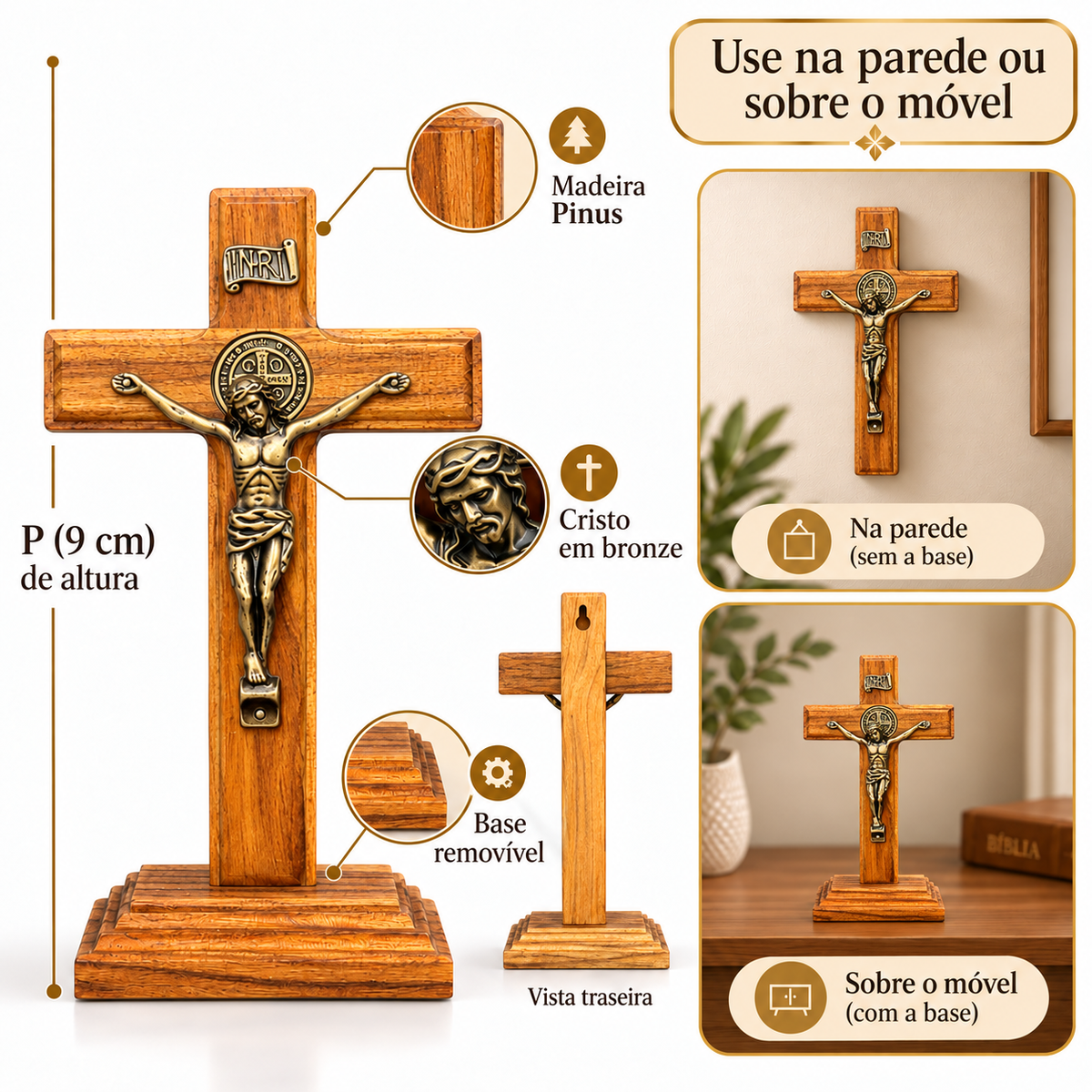 Crucifixo Madeira Pinus 9 cm Mesa e Parede