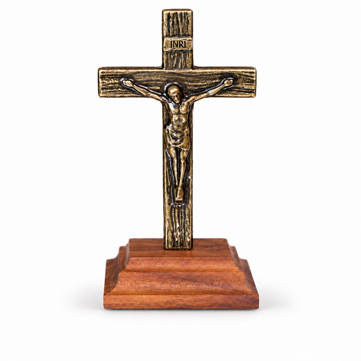 Crucifixo Bronze Mesa Base Madeira Pinus 10 cm