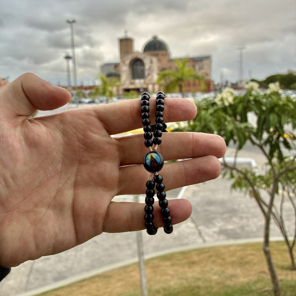 Terço Pulseira Madeira Nossa Senhora Aparecida Ajustável Reforçado