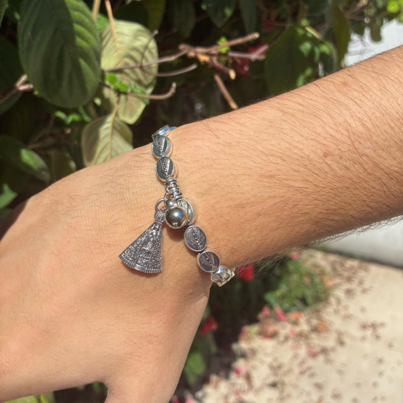 Pulseira Nossa Senhora Aparecida Em Aço Ajustável Com Elástico