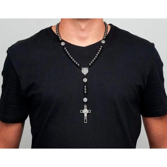 Terço Pedra Hematita Colar Pescoço Ajustável Nossa Senhora São Bento Terço Católico