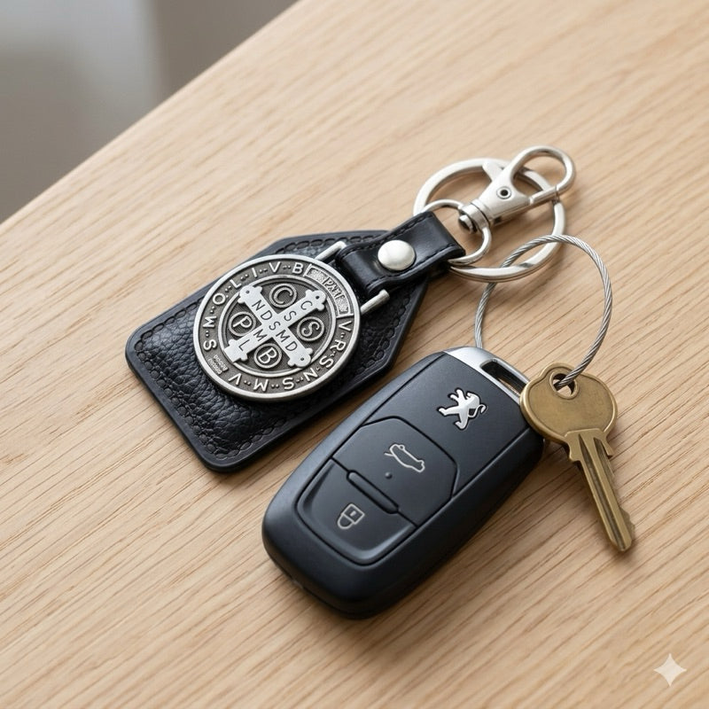 Chaveiro São Bento Couro Para Carro Religioso Mosquetão