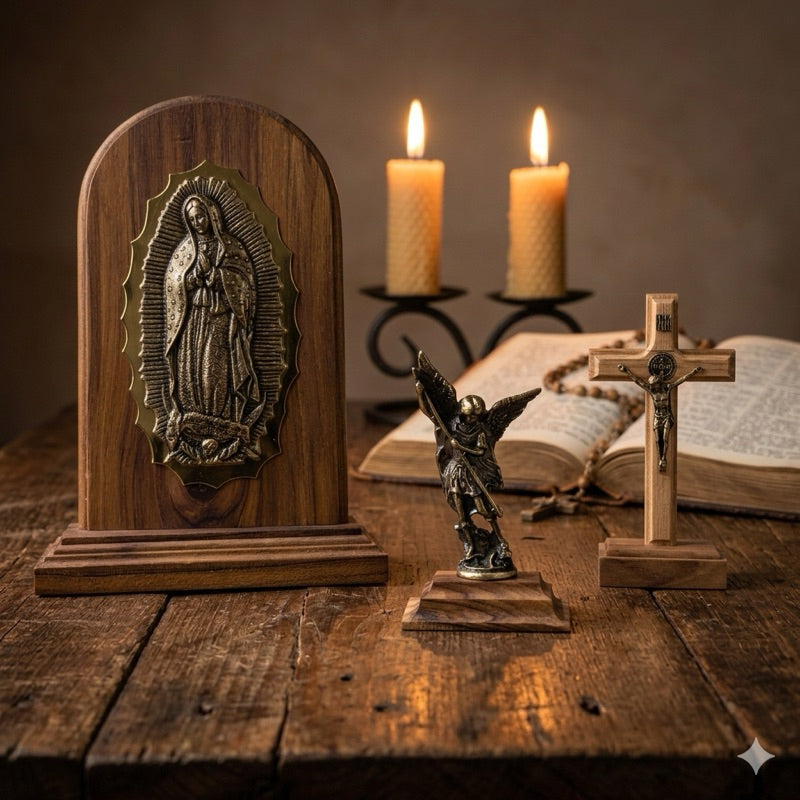 Kit Oratório Crucifixo São Miguel Arcanjo Nossa Senhora de Guadalupe