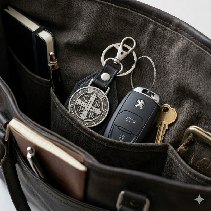 Chaveiro São Bento Couro Para Carro Religioso Mosquetão