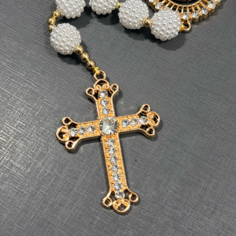 Terço Pérola Noiva Strass Rosário Folheado