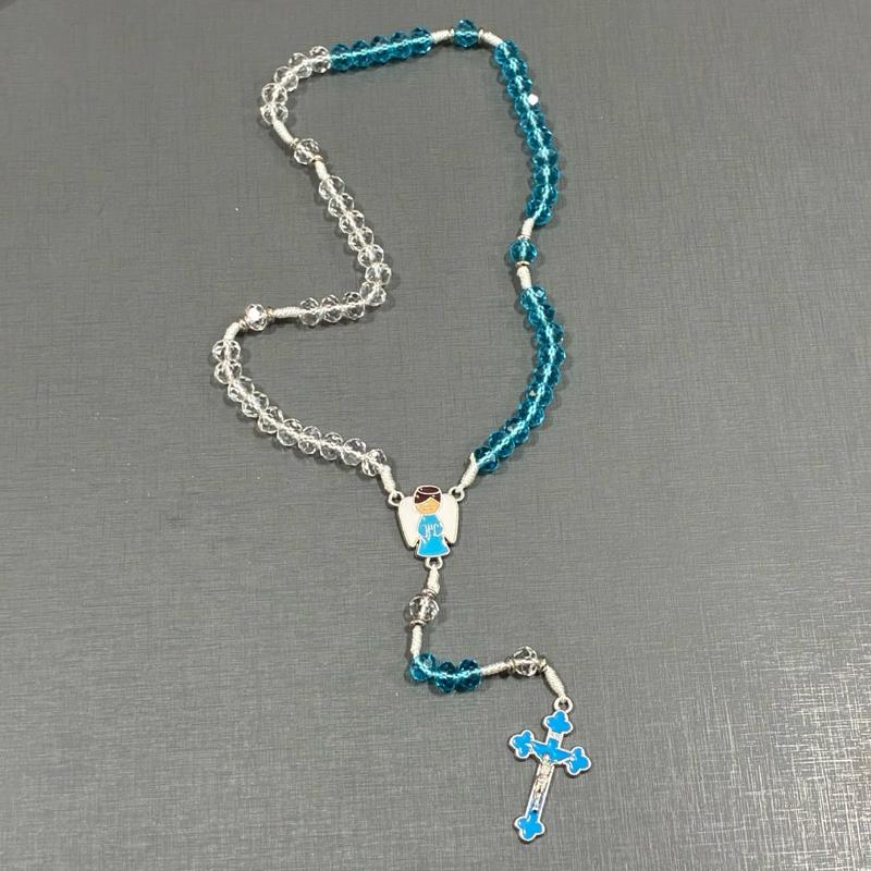 Terço Infantil Cristal Anjo da Guarda Proteção Rosa Azul Lembrancinha Criança