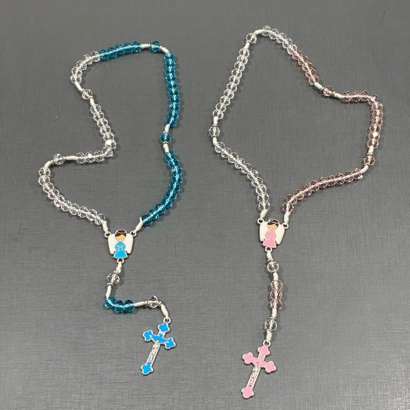 Terço Infantil Cristal Anjo da Guarda Proteção Rosa Azul Lembrancinha Criança
