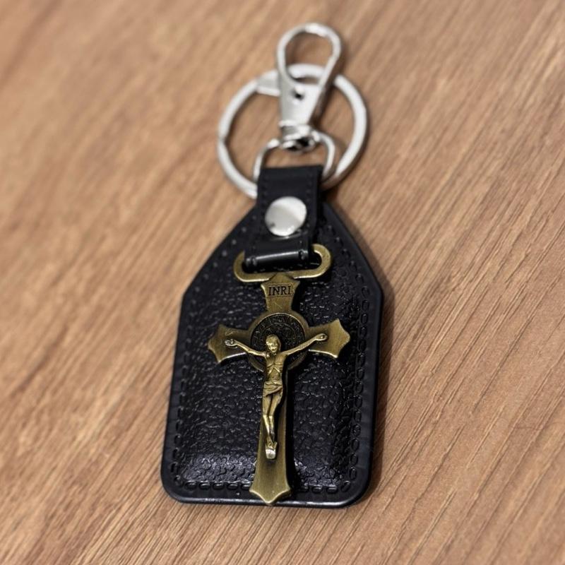 Chaveiro De Couro Com Mosquetão São Bento