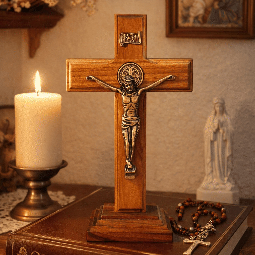 Crucifixo Madeira Cristo em Bronze Base Removível