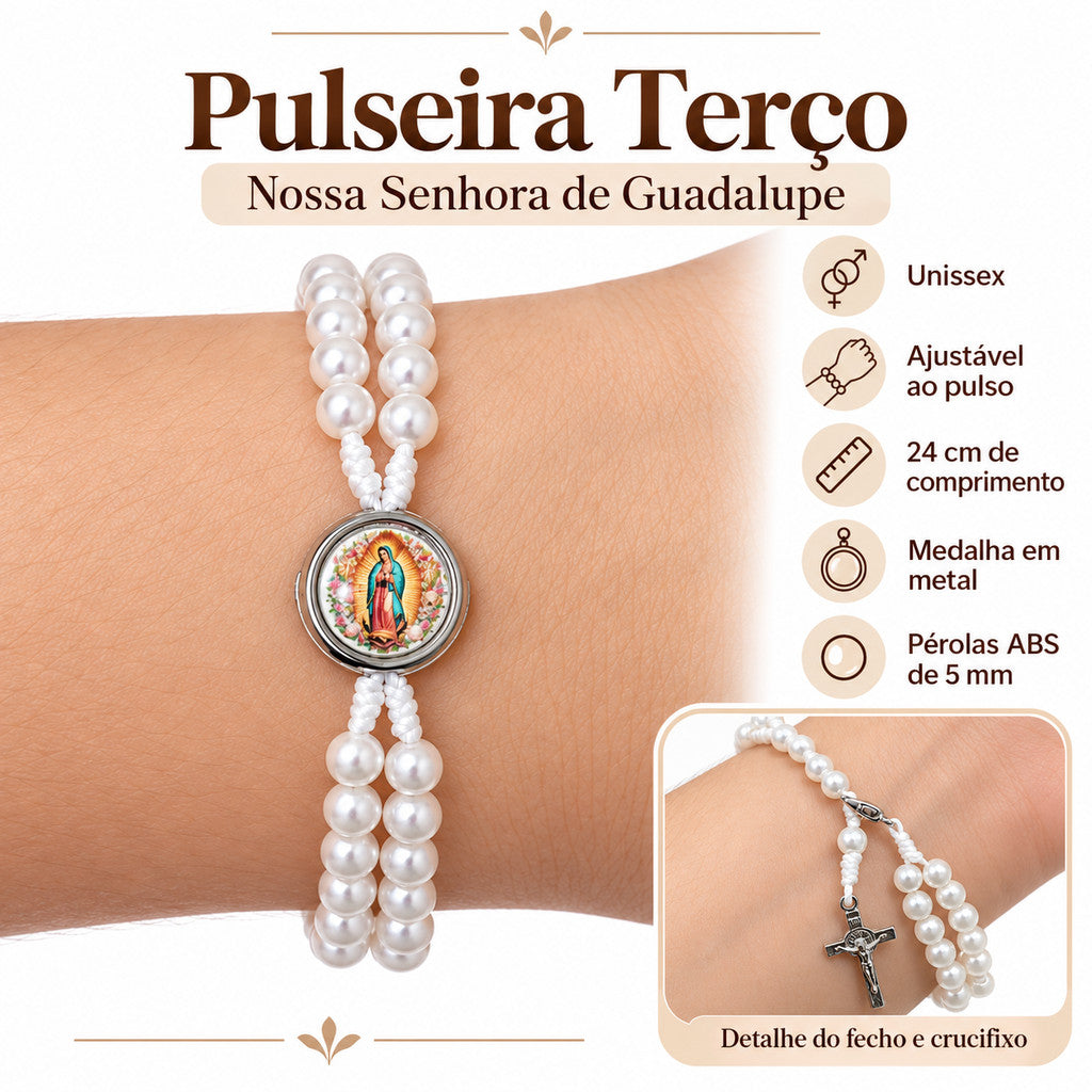 Pulseira Terço Nossa Senhora de Guadalupe com Pérolas ABS Unissex