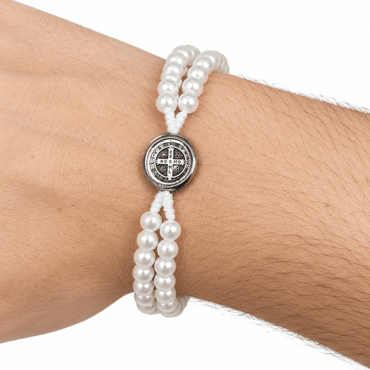 Pulseira Terço São Bento com Pérolas Unissex
