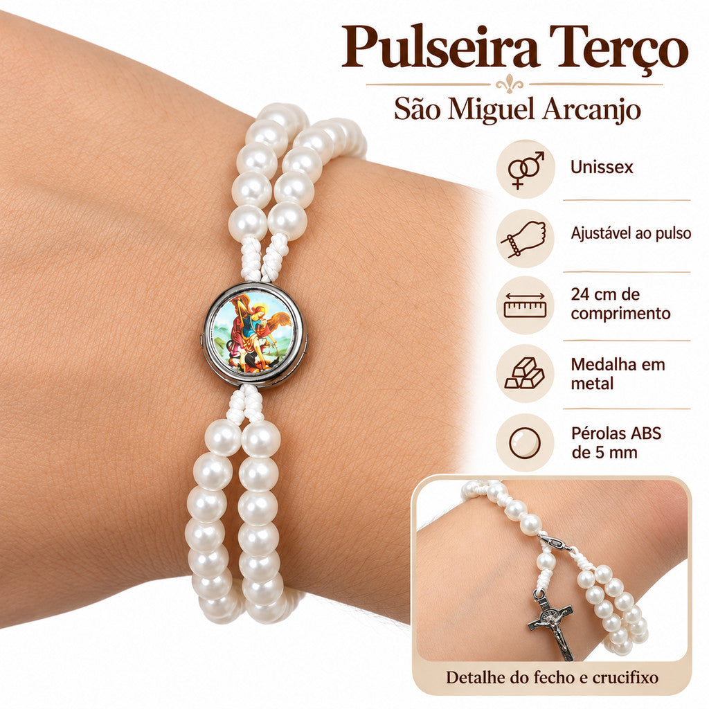 Pulseira Terço São Miguel Arcanjo com Pérolas ABS Unissex