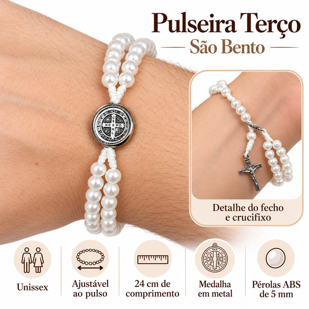Pulseira Terço São Bento com Pérolas Unissex