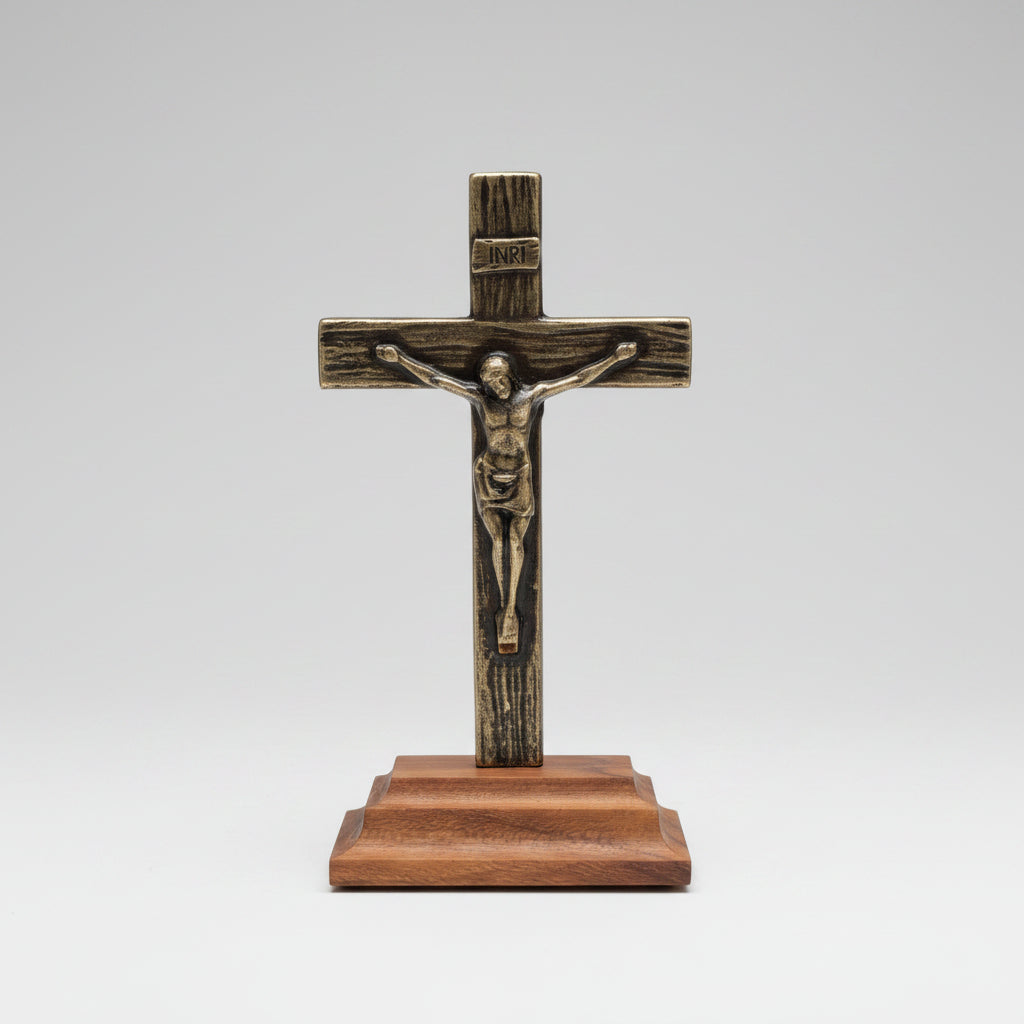 Crucifixo Bronze Mesa Base Madeira Pinus 10 cm